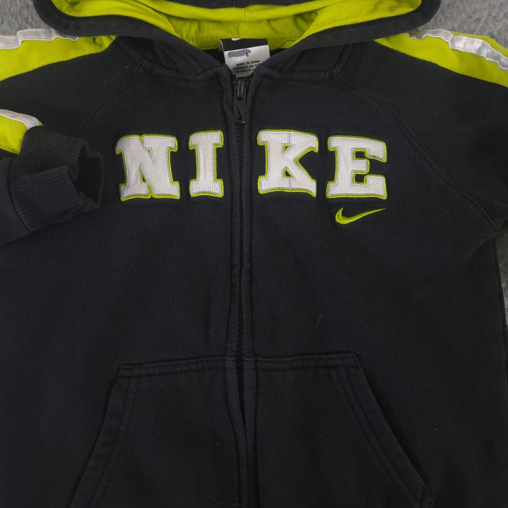 VINTAGE Nike Hoodie Boys 6 Black Neon Stripes Full‎ Zip Fleece Sweatshirt Y2K